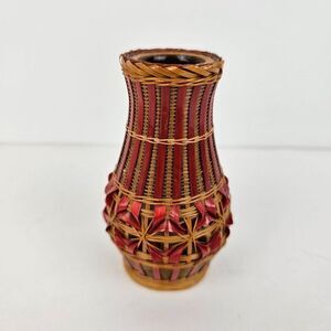 Shanghai Handicrafts Miniature Vase Woven Wicker Rattan Bamboo Basket Vtg Label